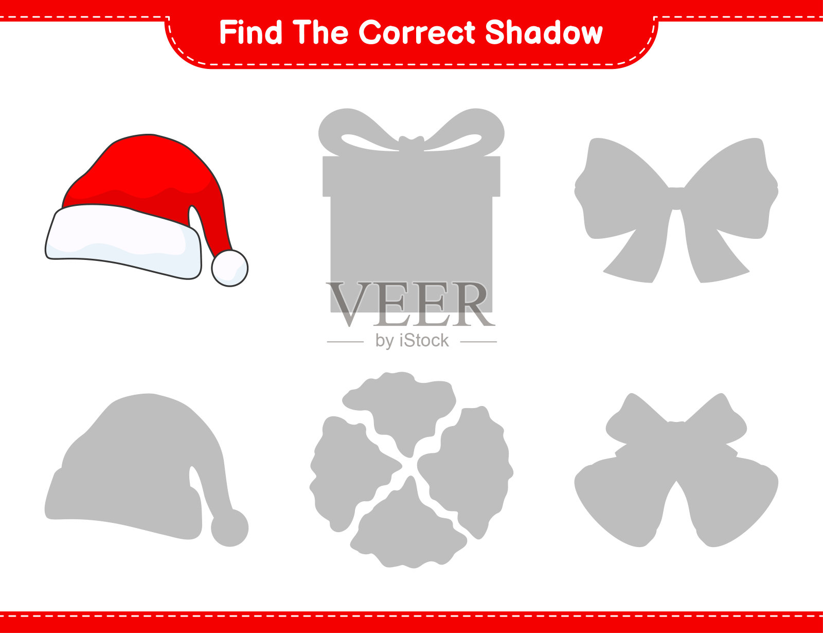 找到正确的阴影。找到并匹配正确的圣诞帽阴影。教育儿童游戏，可打印的工作表，矢量插图插画图片素材