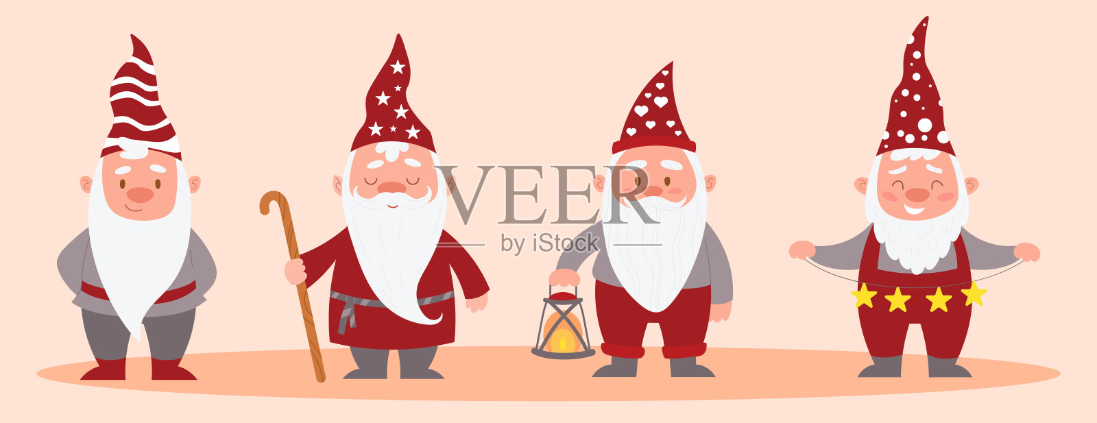 一套可爱的彩色圣诞侏儒粉红色的背景插画图片素材