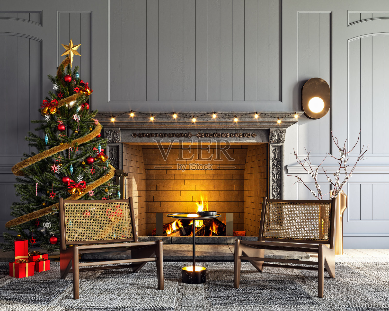 客厅模拟壁炉，圣诞树和礼物，3d渲染，3d插图照片摄影图片
