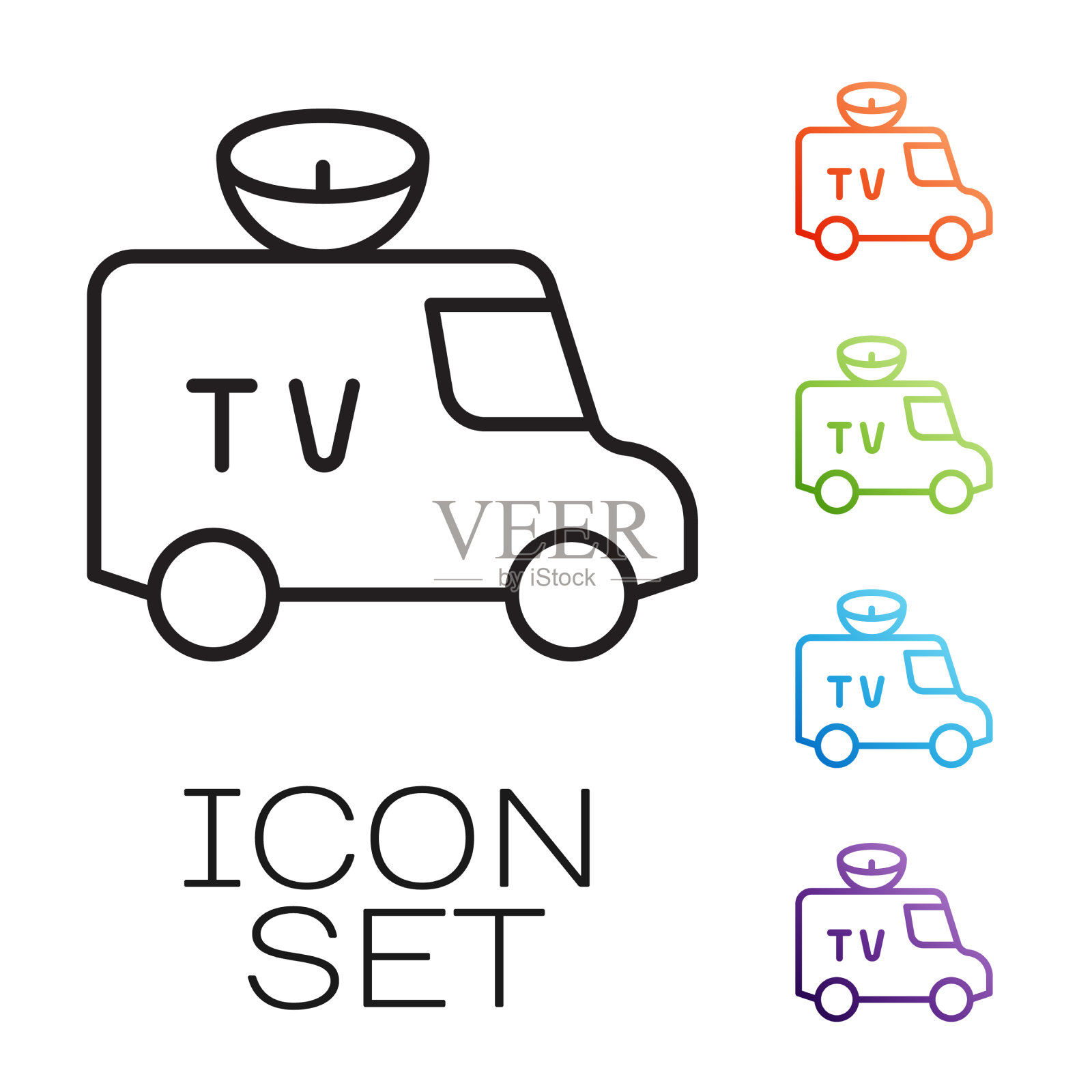 黑线电视新闻车，车顶上有设备图标素材