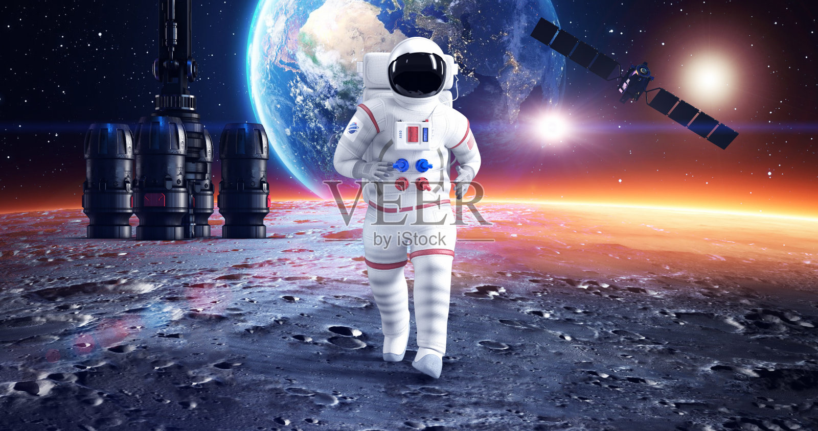 宇航员在星球表面奔跑的慢动作镜头照片摄影图片