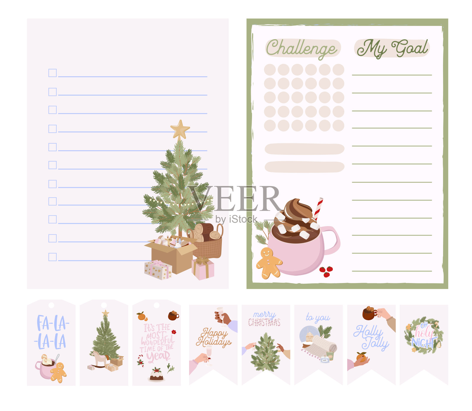 收集假期计划，清单和贴纸，礼物标签。插画图片素材