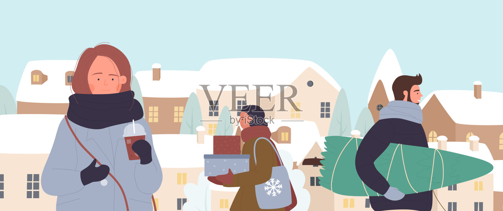 人们在寒假前夕购物，男人拿着圣诞树，女人拿着礼物插画图片素材