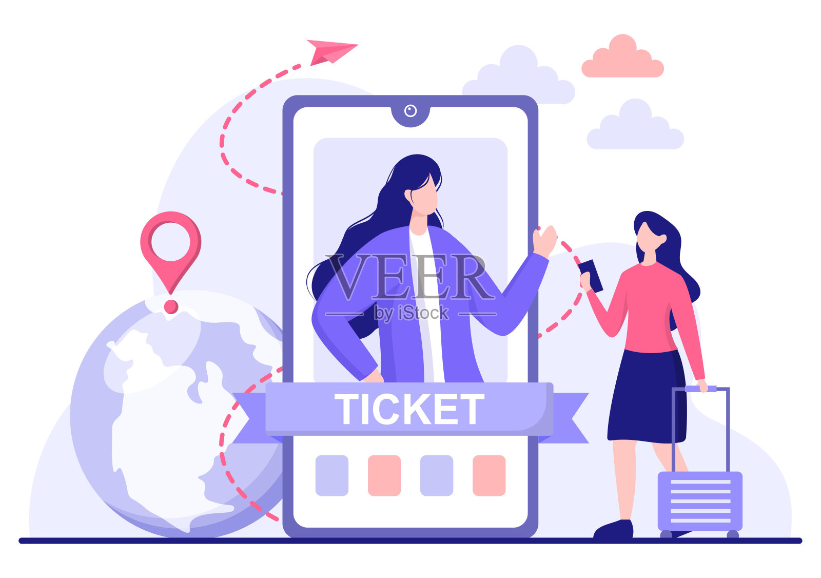 旅行社背景矢量插图。人们使用飞机、汽车或轮船来参观这些世界著名旅游景点的地标插画图片素材