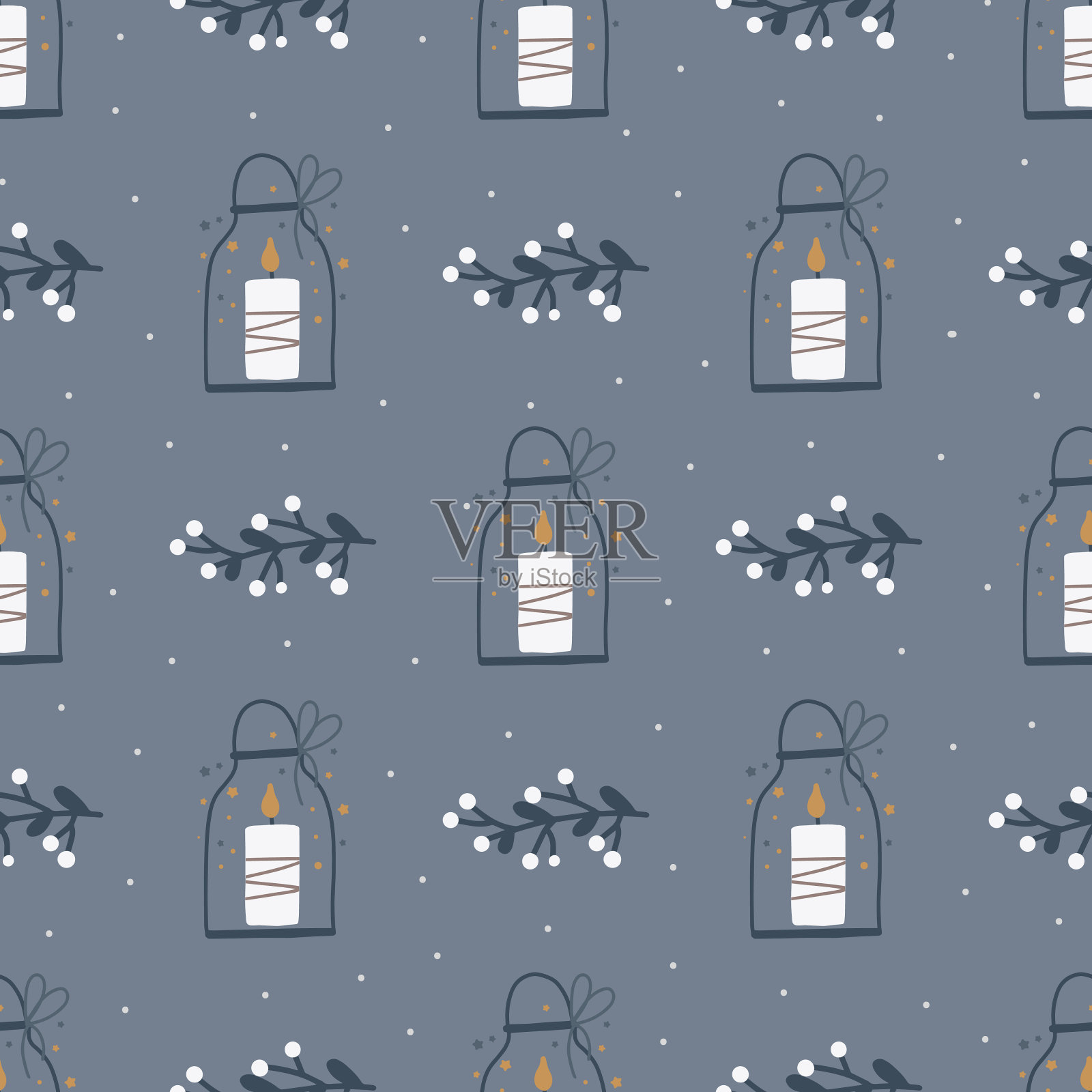 圣诞和新年快乐的无缝模式与圣诞蜡烛，冷杉树枝和浆果。矢量设计模板。插画图片素材