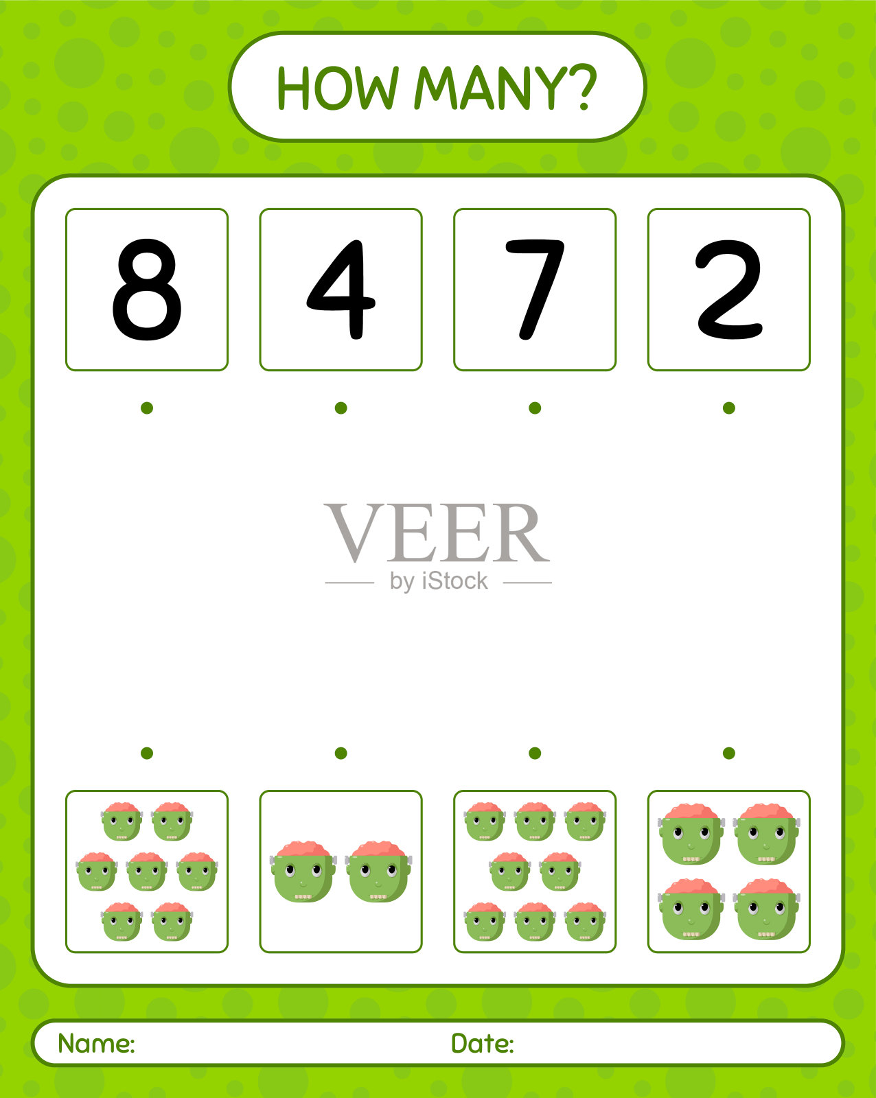 跟弗兰肯斯坦有多少次数数游戏。学龄前儿童的工作表，儿童活动表设计元素图片