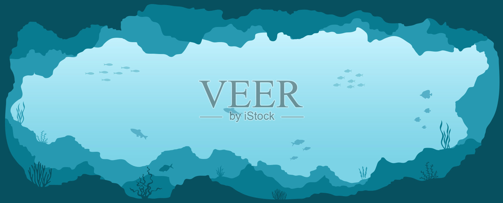 海洋水下背景。海底有水下植物、珊瑚和鱼类。全景海景。插画图片素材