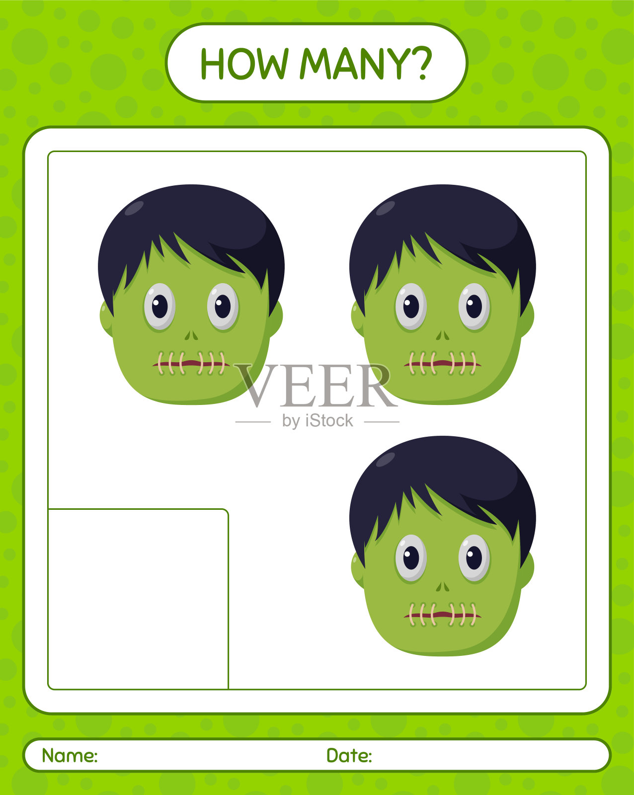 多少计数游戏与僵尸。学龄前儿童的工作表，儿童活动表设计元素图片