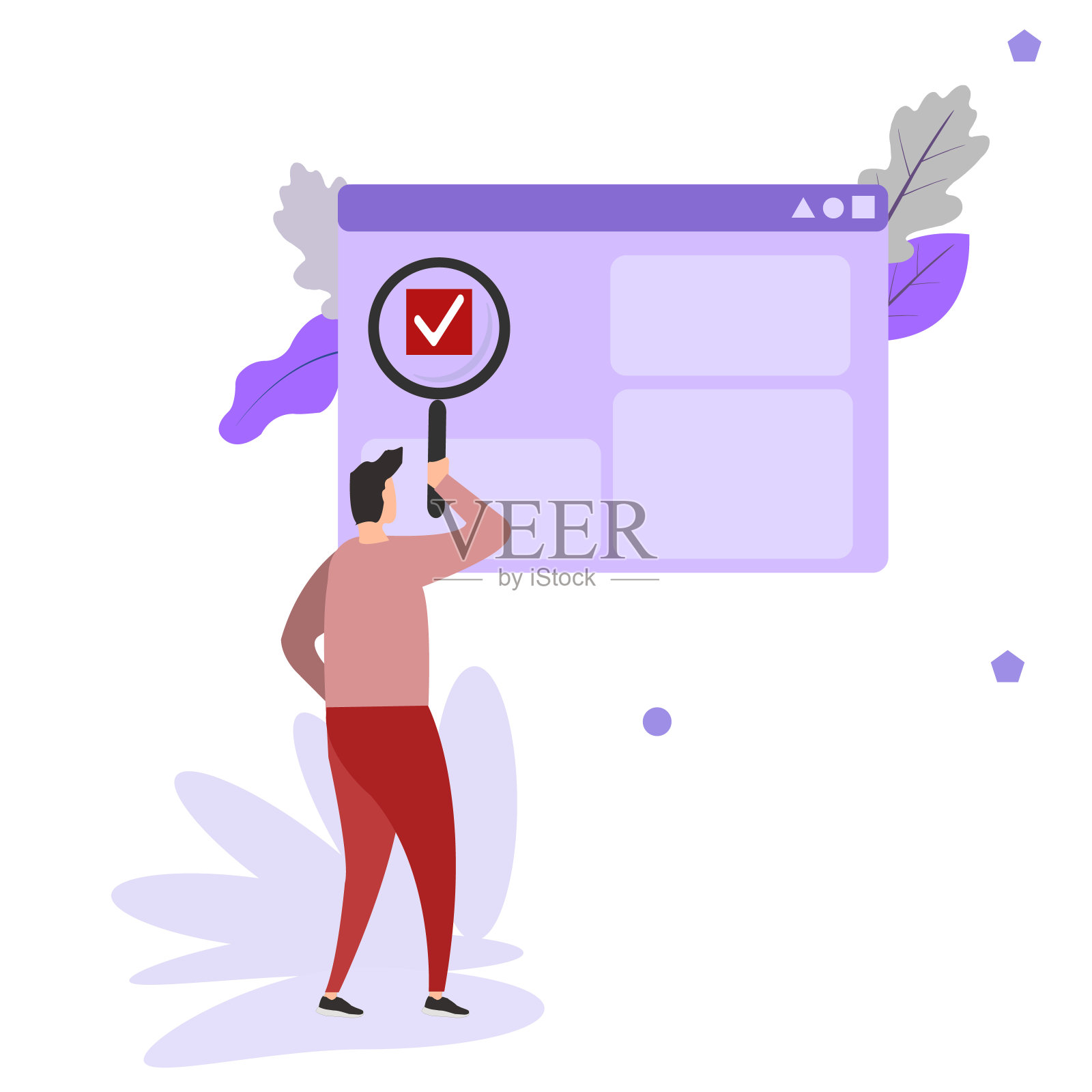 男人拿着巨大的放大镜或放大镜。SEO或搜索引擎优化概念，通过优化网站插画图片素材