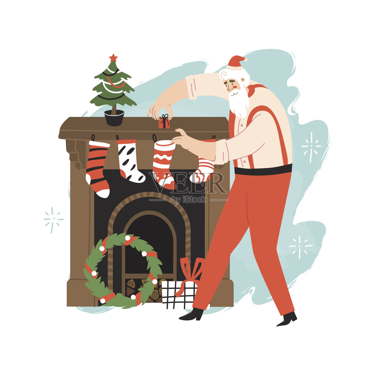 圣诞老人把小礼物放在壁炉上的袜子里。平面风格在矢量插图。孤立在白色背景上。新年快乐，圣诞树。一位留着白胡子的善良的爷爷。插画图片素材
