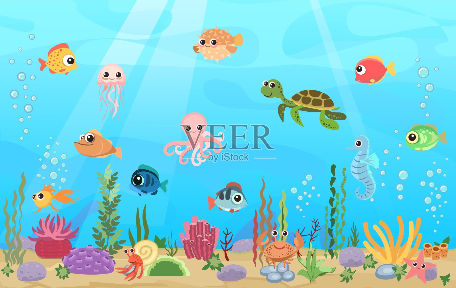 水库底部有鱼。蓝色的水。海海洋。有动物的水下景观。植物、藻类和珊瑚。illusteration卡通风格。矢量艺术插画图片素材