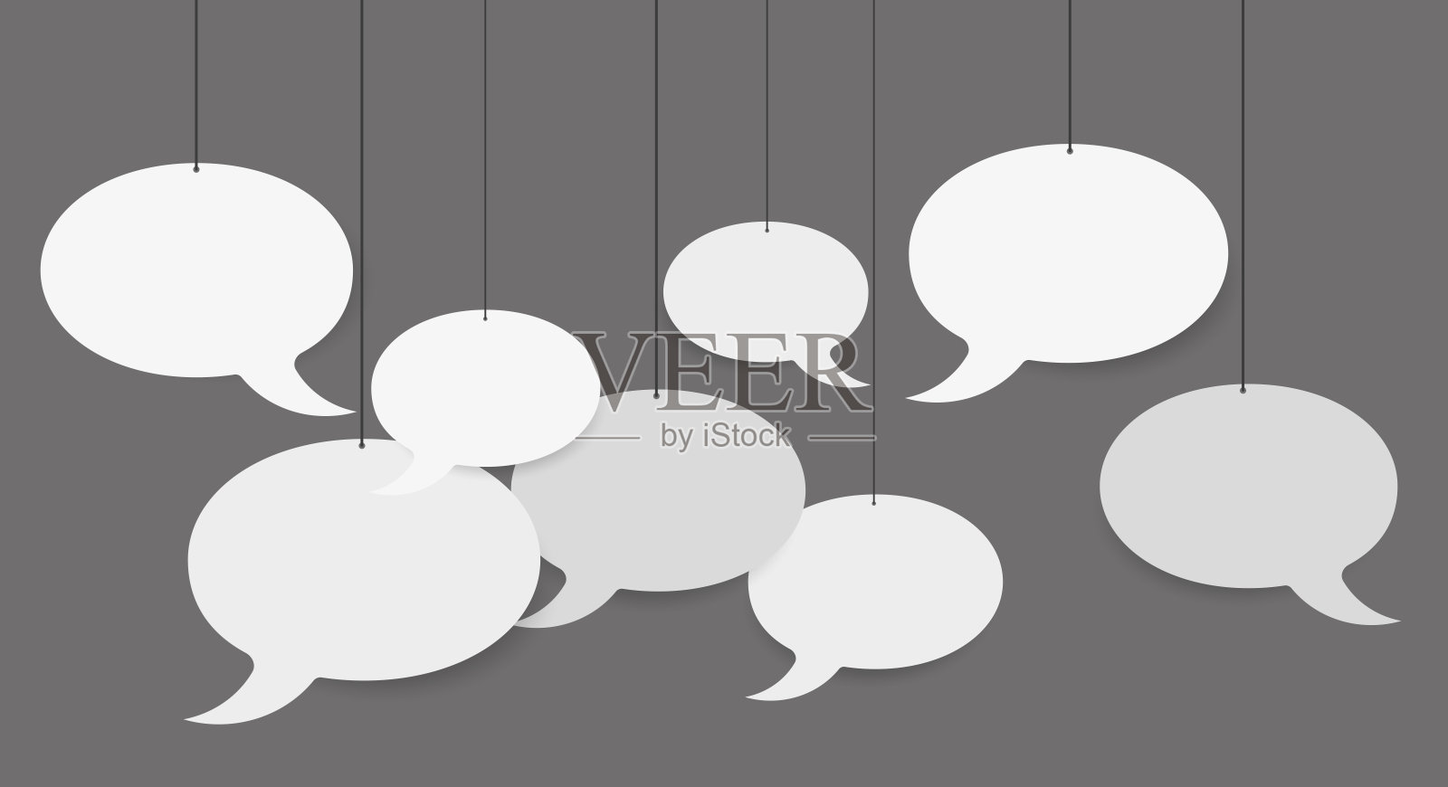 白纸剪下挂在绳子上的演讲气泡。3 d矢量图插画图片素材