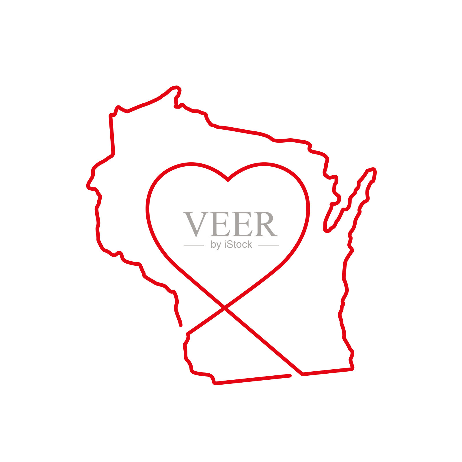 美国威斯康星州红色轮廓地图与手写的心形。矢量图插画图片素材