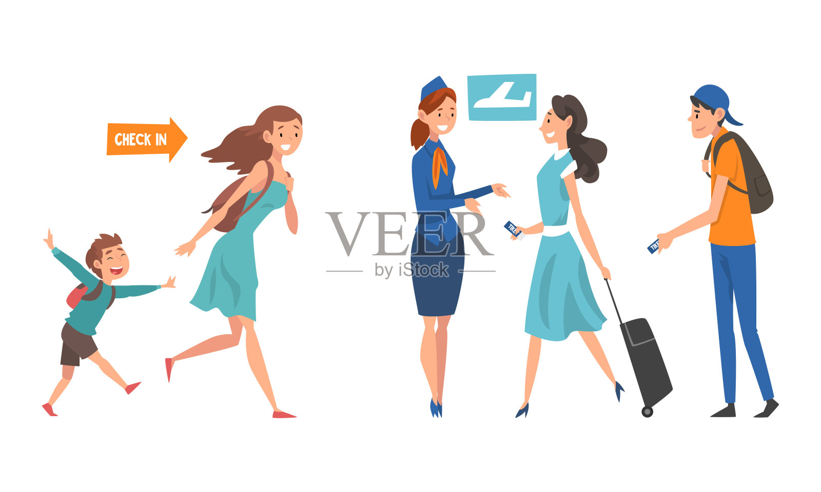 人物在机场与票走向登机口检票矢量插图集设计元素图片