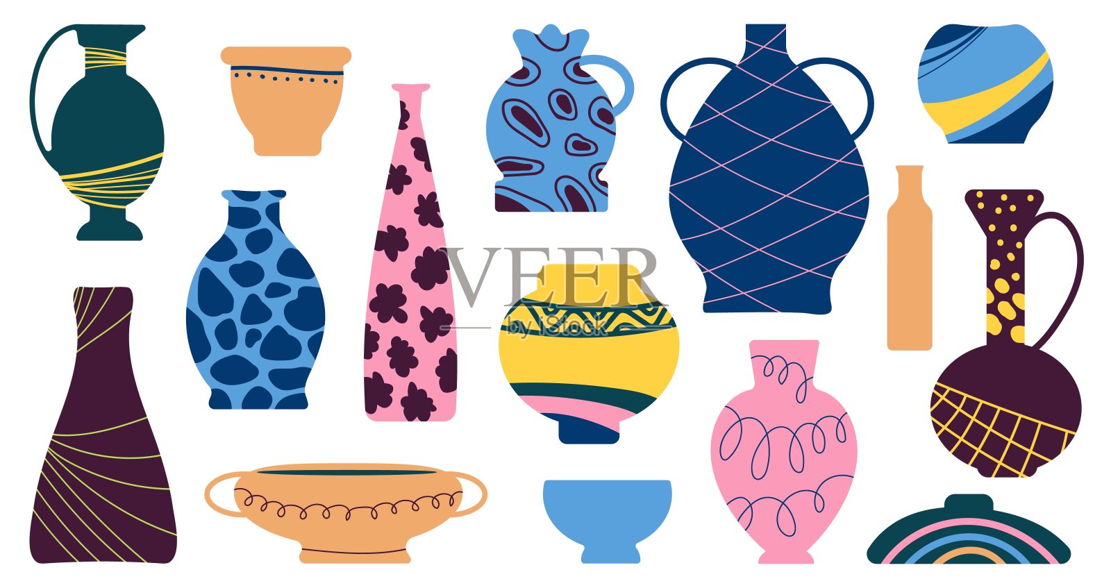 陶瓷花瓶。古色古香的花瓶，古代的陶器图标。陶罐，陶碗。平面优雅的现代写意得体的矢量形状插画图片素材