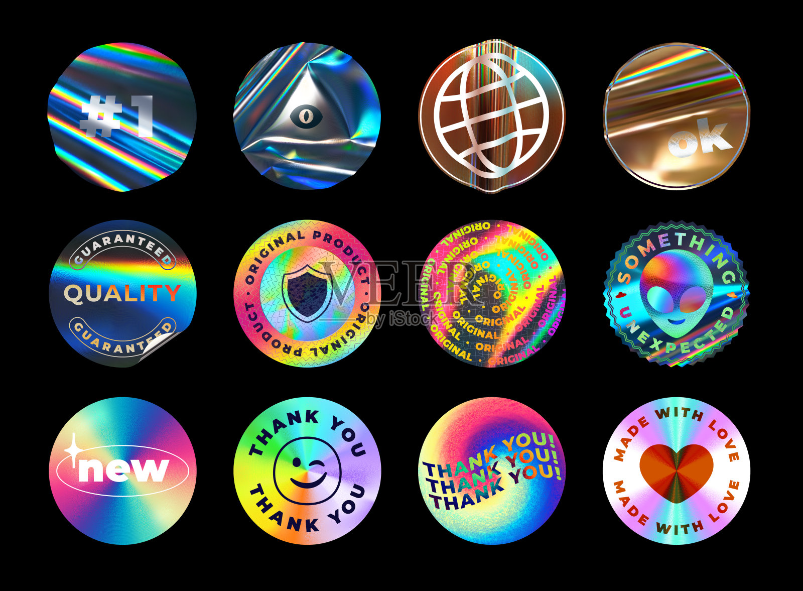 彩虹全息箔贴纸。全息标志，圆形标签和纹理箔圆插画图片素材