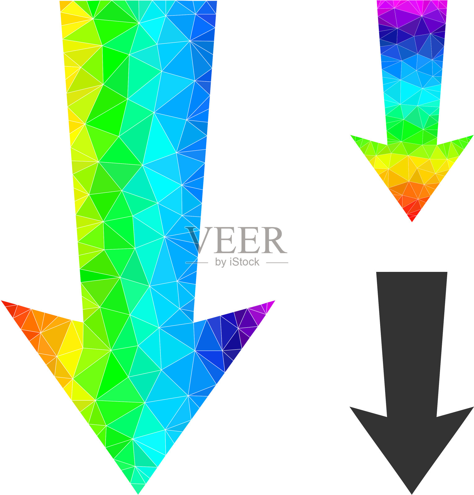 多边形箭头向下图标与彩虹插画图片素材