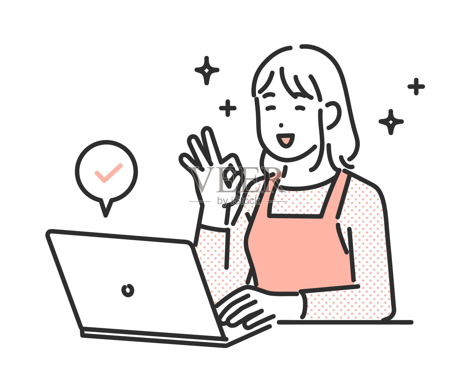 一个女人在家里操作笔记本电脑。插画图片素材