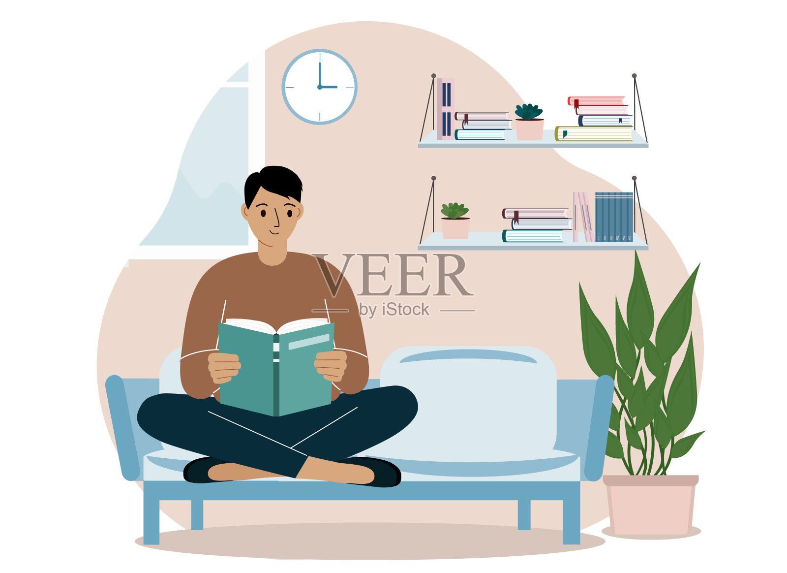 帅哥在家里盘腿坐在沙发上看书。休闲教育理念插画图片素材