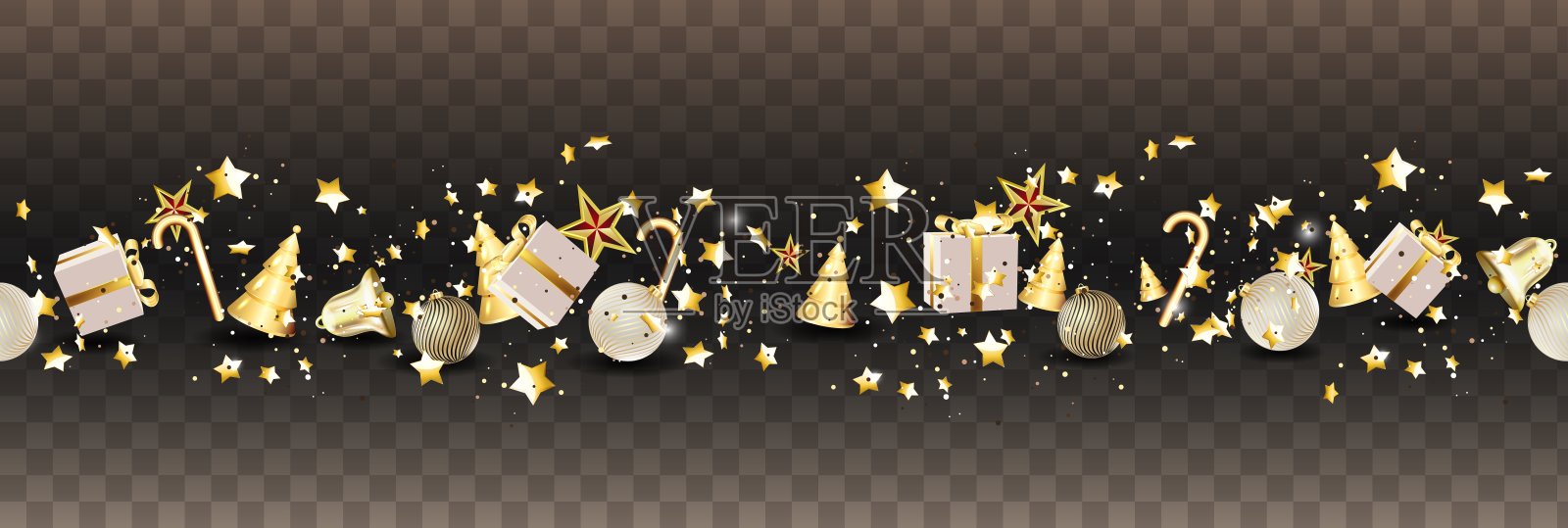 无缝圣诞装饰隔离在白色上。矢量假日边框，框架。金银饰品。插画图片素材