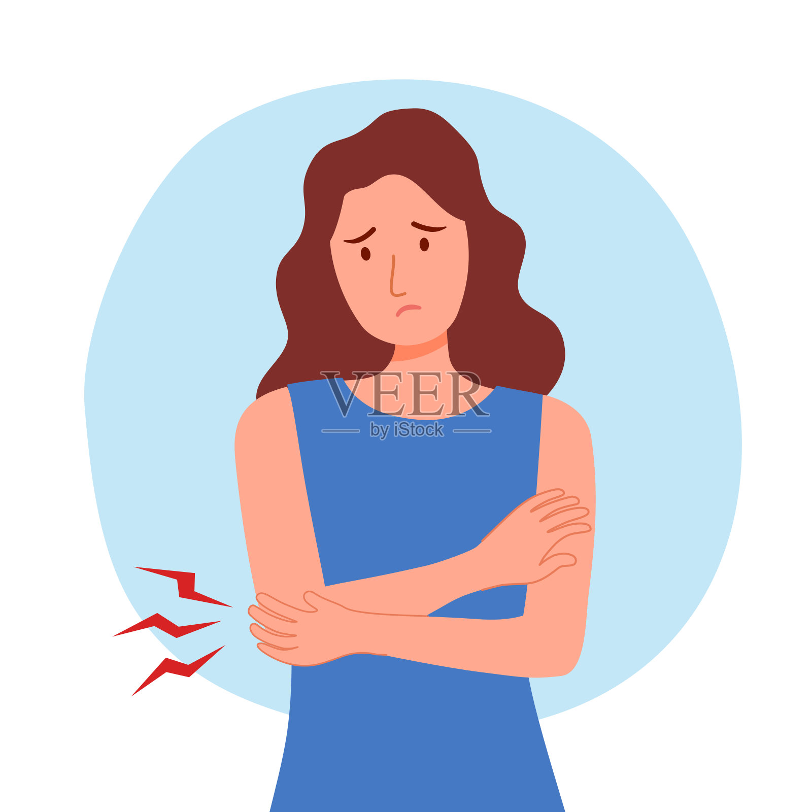 年轻女子手臂疼痛的平面设计在白色的背景。物理伤害。肌肉或骨骼问题。插画图片素材