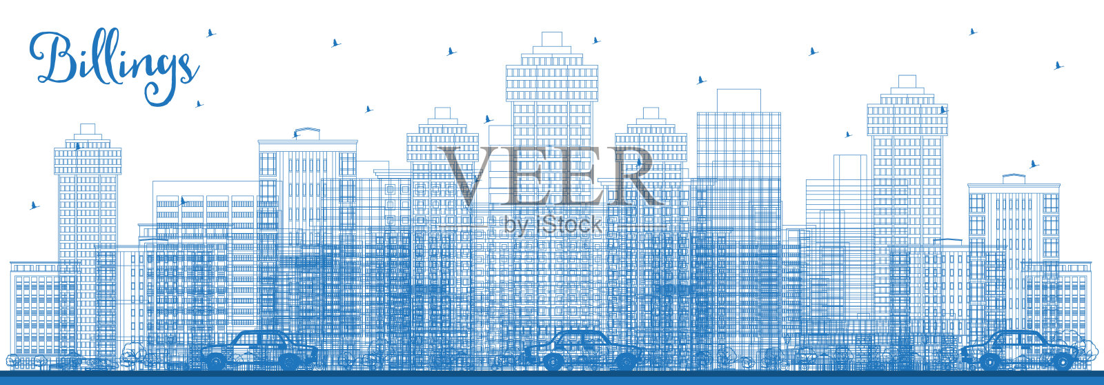 大纲比林斯蒙大拿州城市天际线与蓝色建筑。插画图片素材