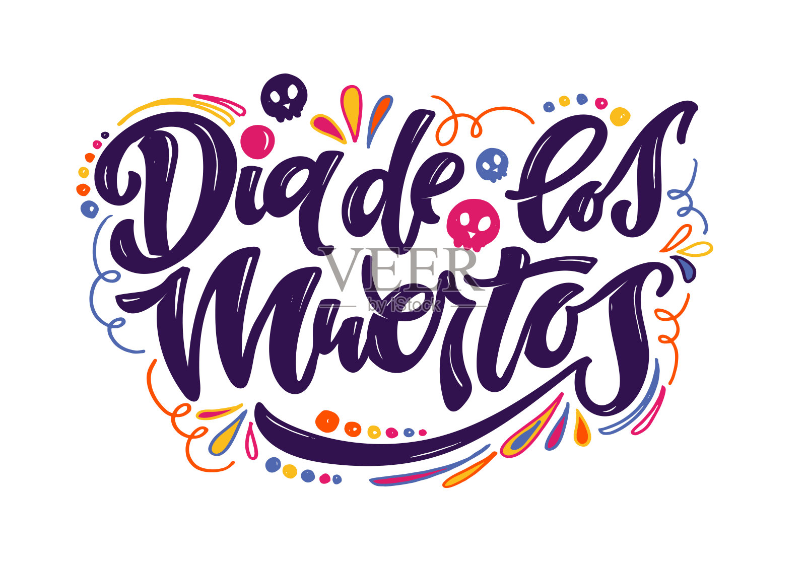 死亡矢量插图集的日子。为明信片或庆典设计手绘的“Dia de los Muertos”字样。花卉和草药与手绘排版海报。插画图片素材