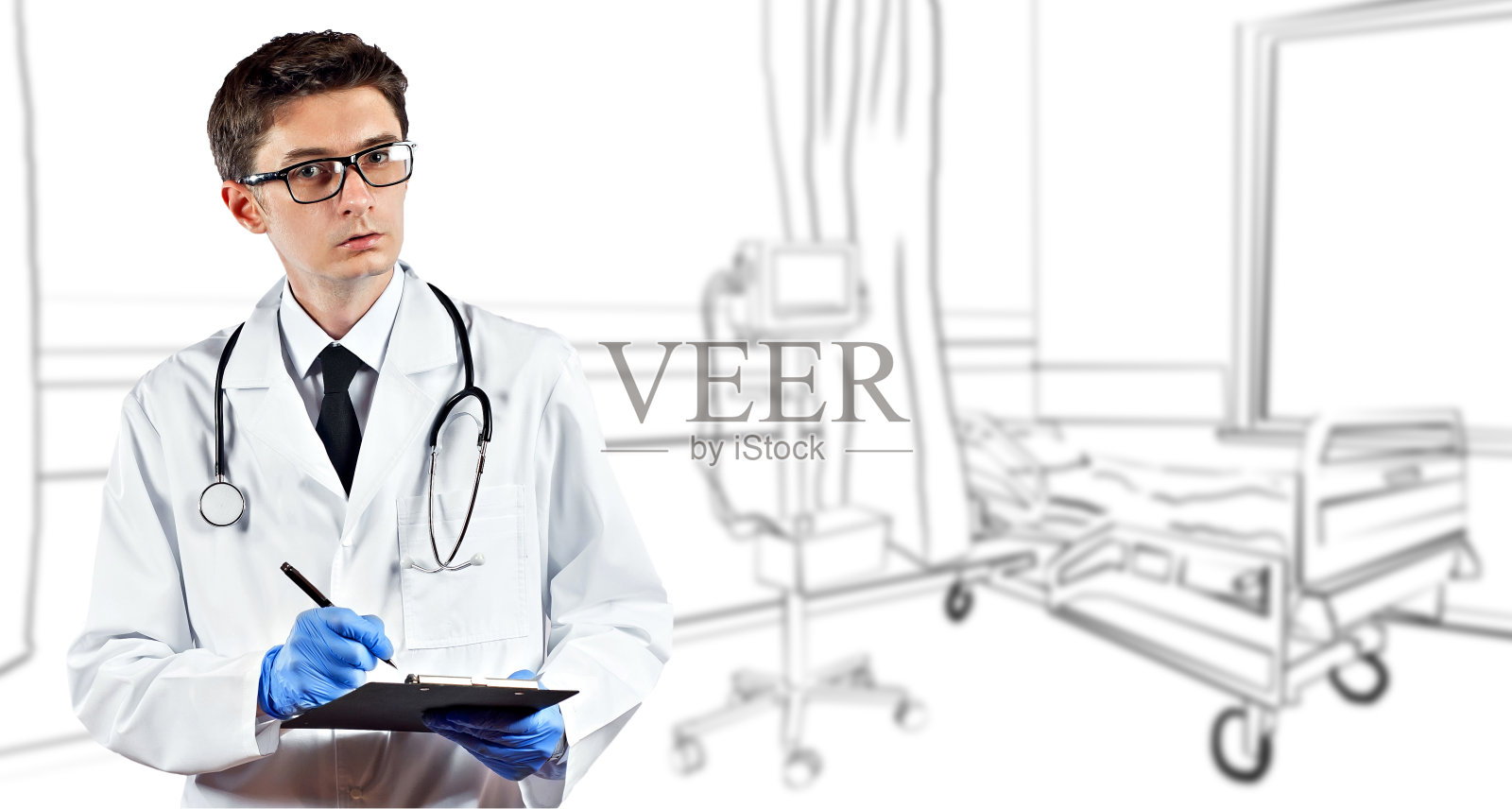 一个穿白大褂的男人，背景是模糊的医院病房。这张照片与插图结合在一起。医生的背景上完成了内部的诊所。照片摄影图片