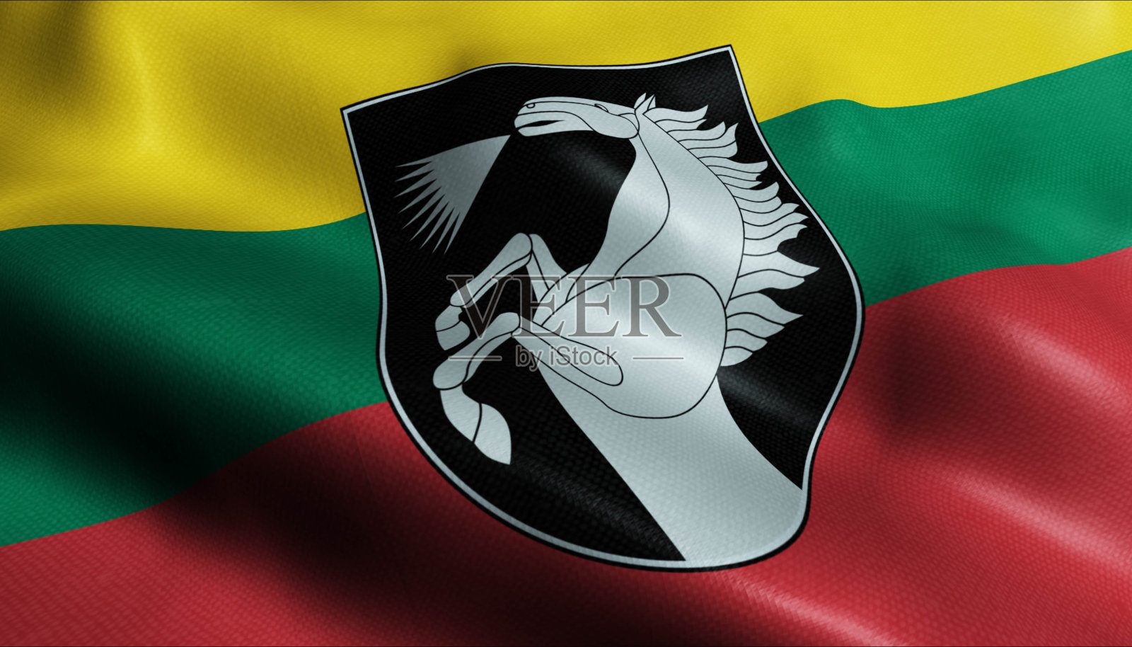 3D挥舞立陶宛城市旗帜的Radviliskis特写视图。照片摄影图片