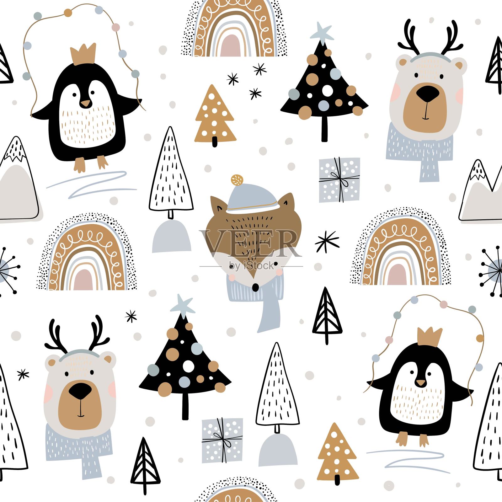 圣诞节冬季无缝模式，儿童背景，墙纸，礼物纸，节日表面设计，涂鸦元素插画图片素材