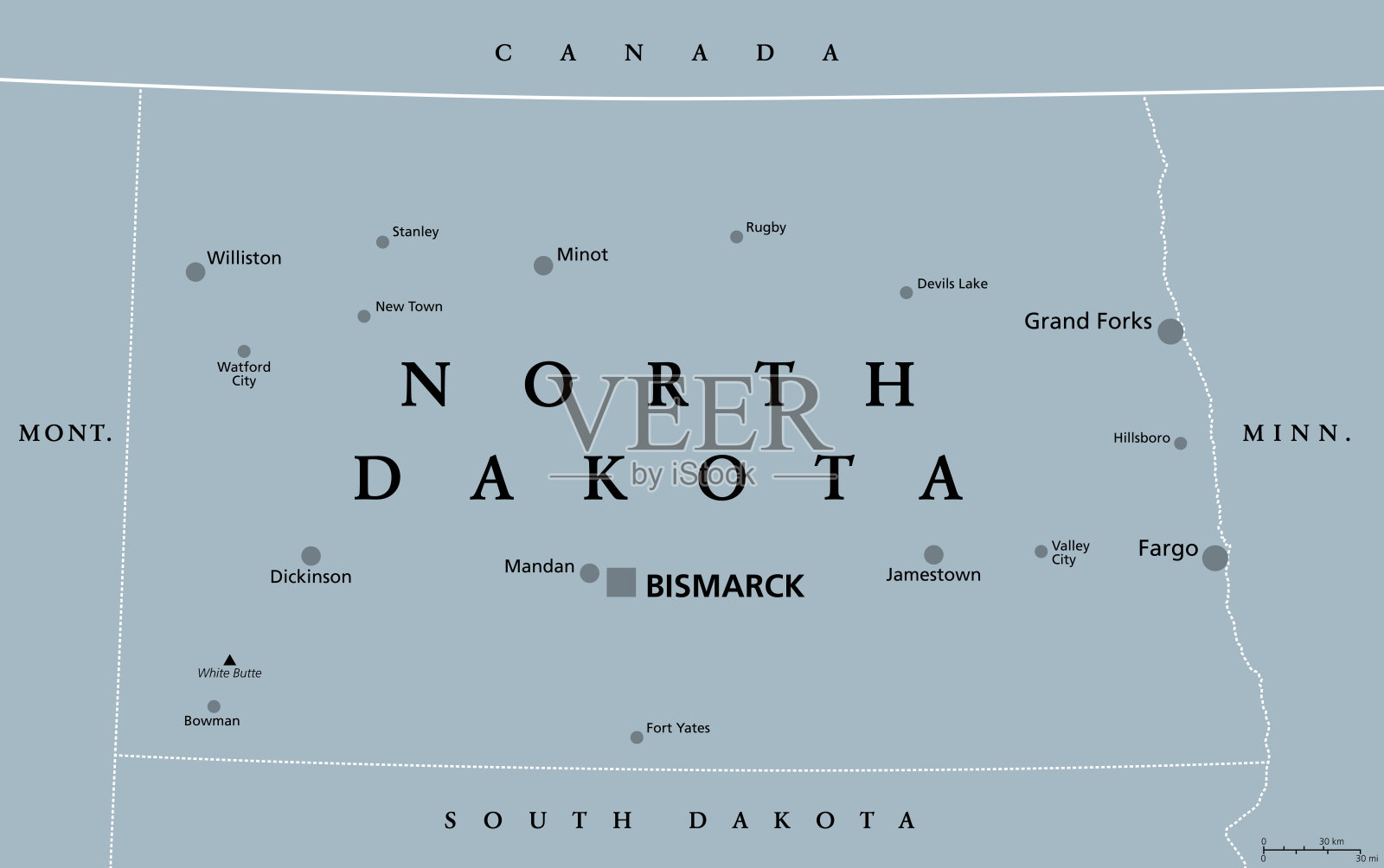 北达科他州，ND，灰色政治地图，美国州，和平花园州插画图片素材
