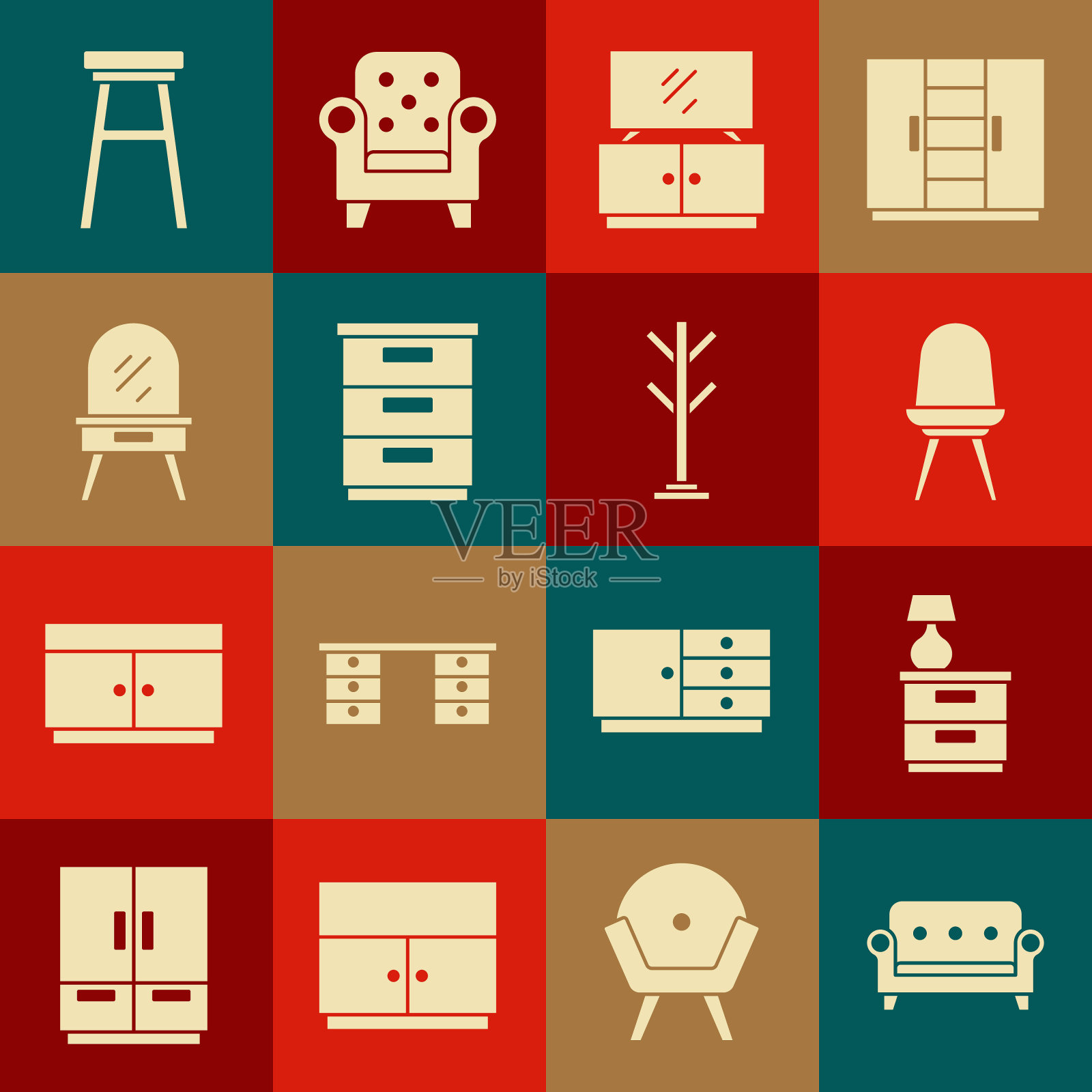设置沙发，家具床头柜与灯，椅子，电视桌子，穿衣，外套图标。向量图标素材