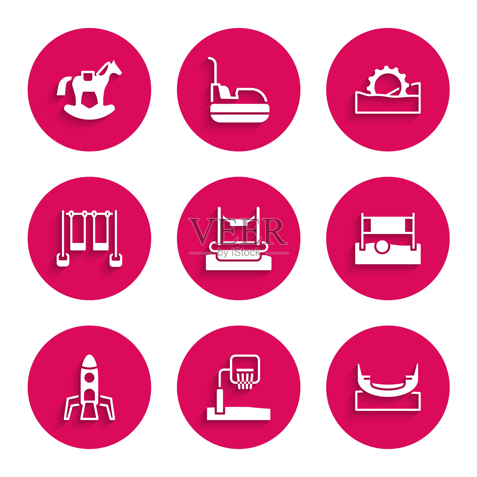 集蹦极，篮球篮板，船秋千，排球网具，火箭船，双人，摩天轮和马鞍图标。向量图标素材