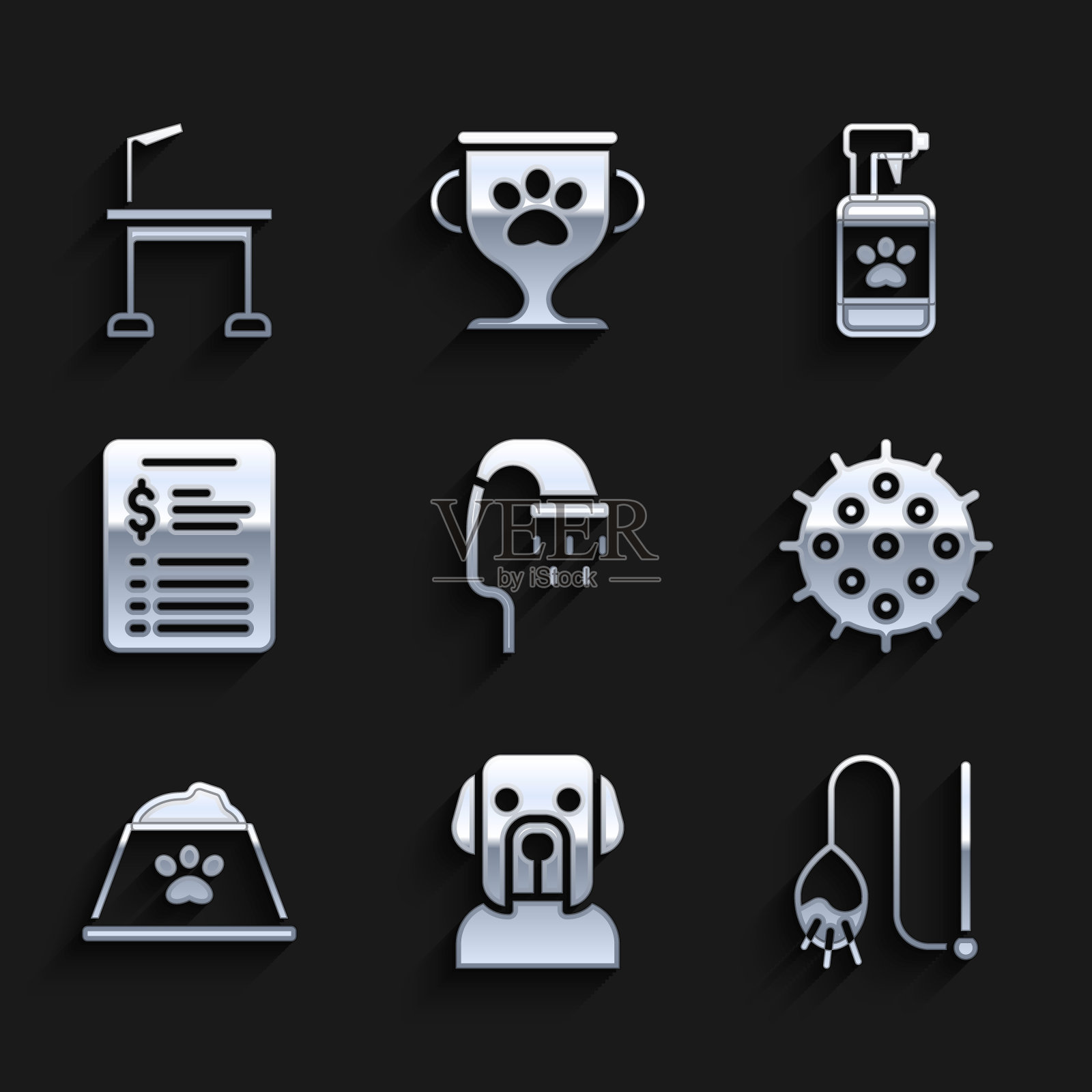 设置宠物淋浴器，狗，猫玩具，网球，食物碗，美容沙龙价格表，洗发水和美容表图标。向量图标素材