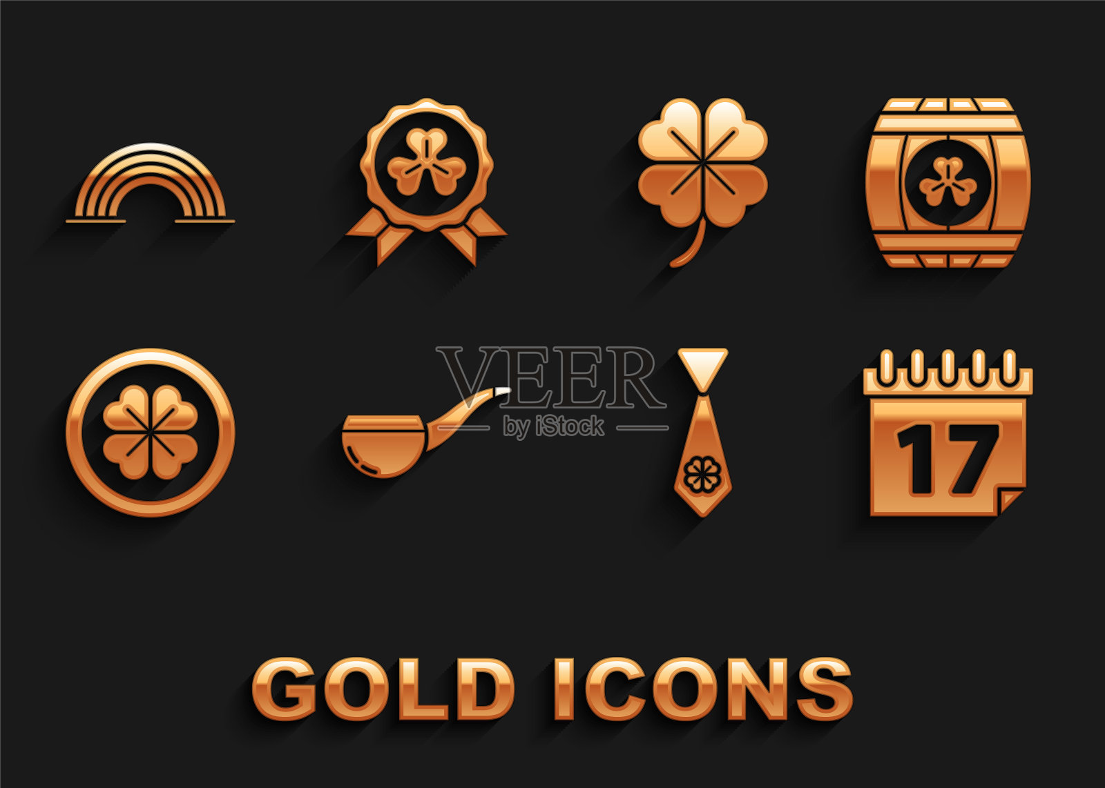 设置吸烟烟斗，木桶与四叶苜蓿，圣帕特里克日日历，领带，金币，四，彩虹和奖章图标。向量图标素材