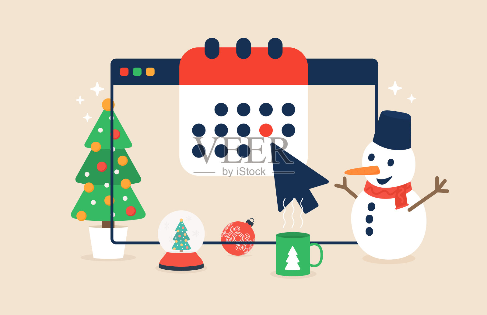 圣诞节在线日历屏幕。日历或议程在浏览器窗口屏幕矢量插图，平面卡通在线组织者应用程序在电脑上显示与事件日期提醒设计模板素材