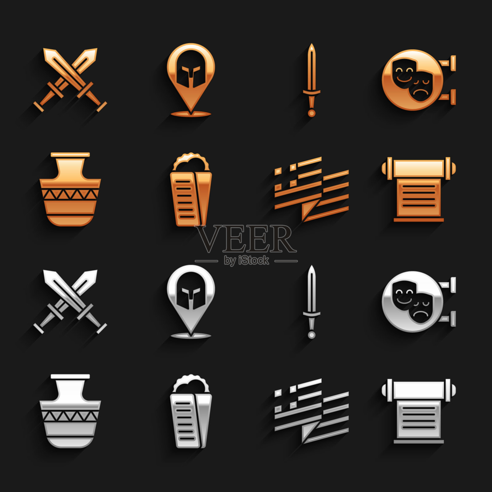 集陀螺皮塔希腊，喜剧和悲剧面具，法令，羊皮纸，卷轴，希腊国旗，古代双耳罐，中世纪剑，交叉中世纪和头盔图标。向量图标素材