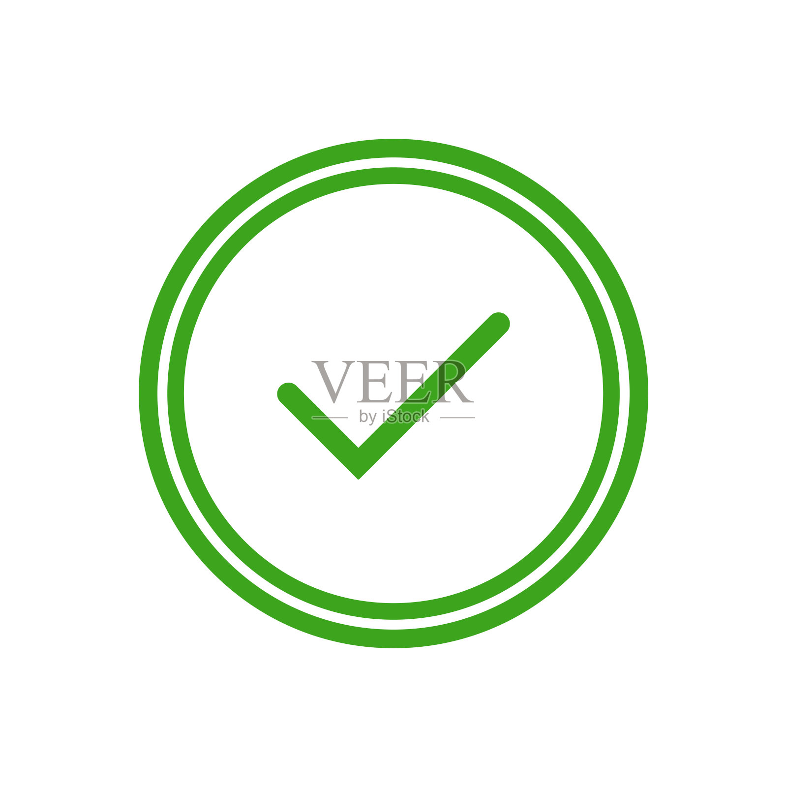 有效的密封图标。绿色的圆圈和绿色的勾。平OK贴纸图标。孤立在白色的。图标素材