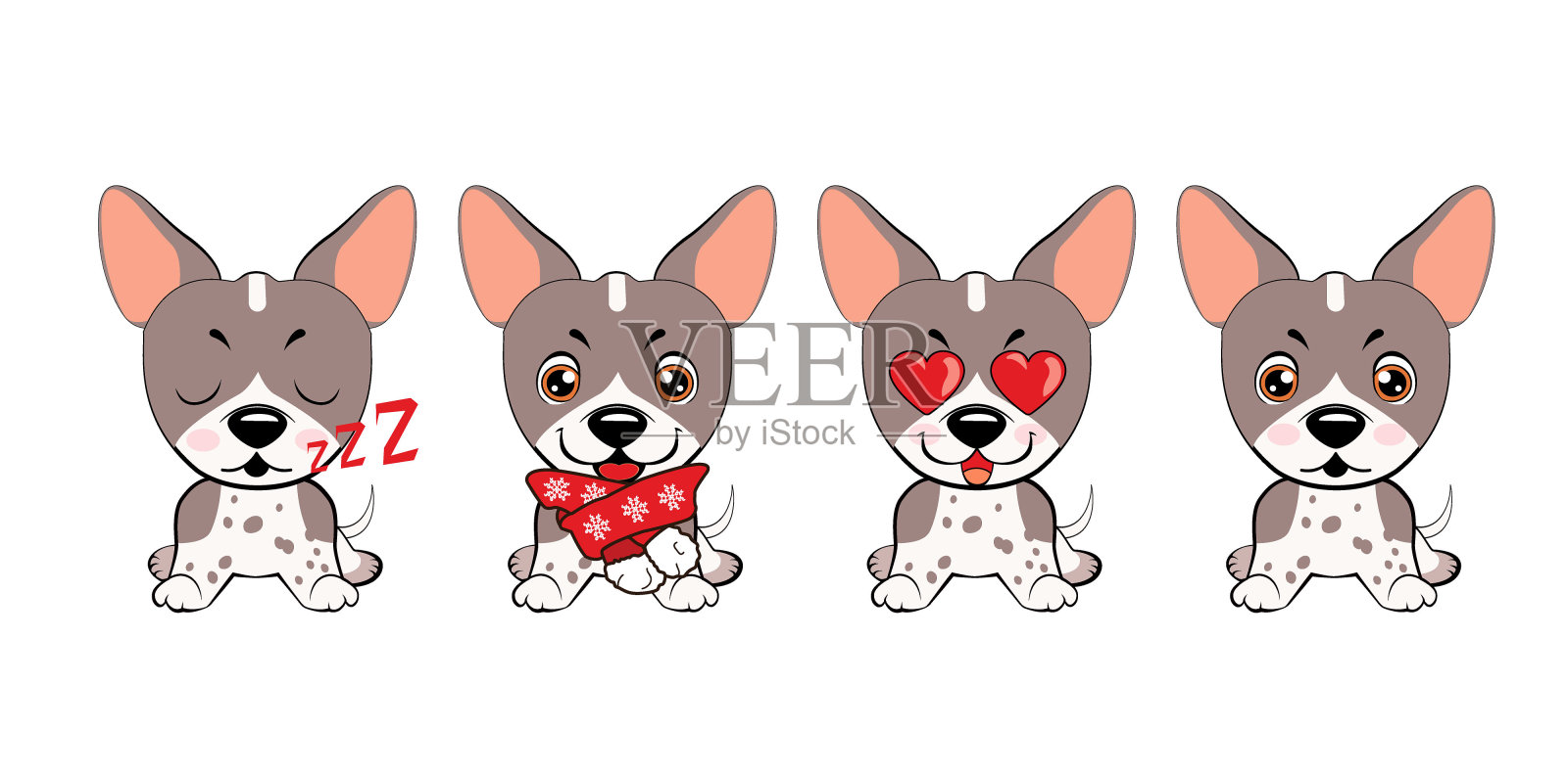 一组不同的小狗。灰色的小狗有着不同的情绪。插画图片素材