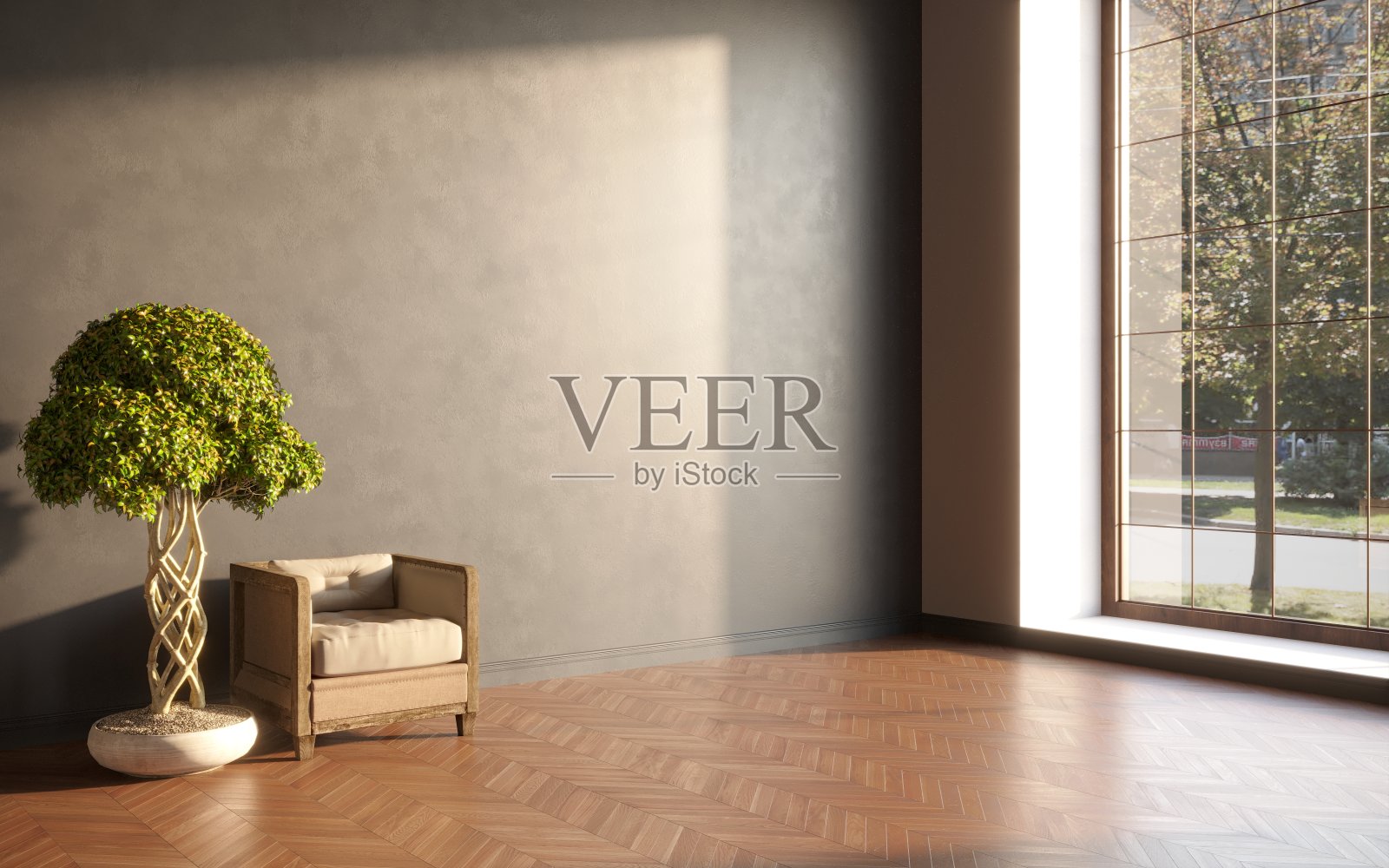 配有舒适扶手椅的现代客厅。斯堪的纳维亚室内设计家具。3D插图，cg渲染照片摄影图片