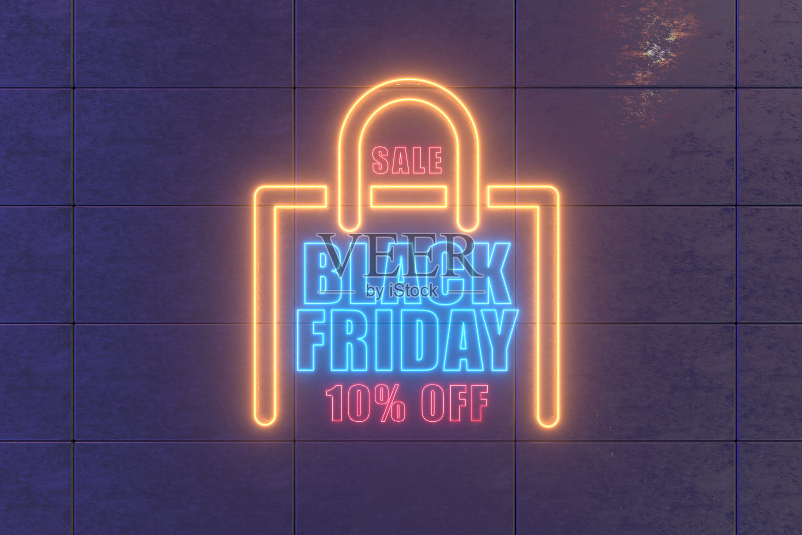 黑色星期五10%折扣，购物袋，黑色方块墙上的霓虹灯标志照片摄影图片