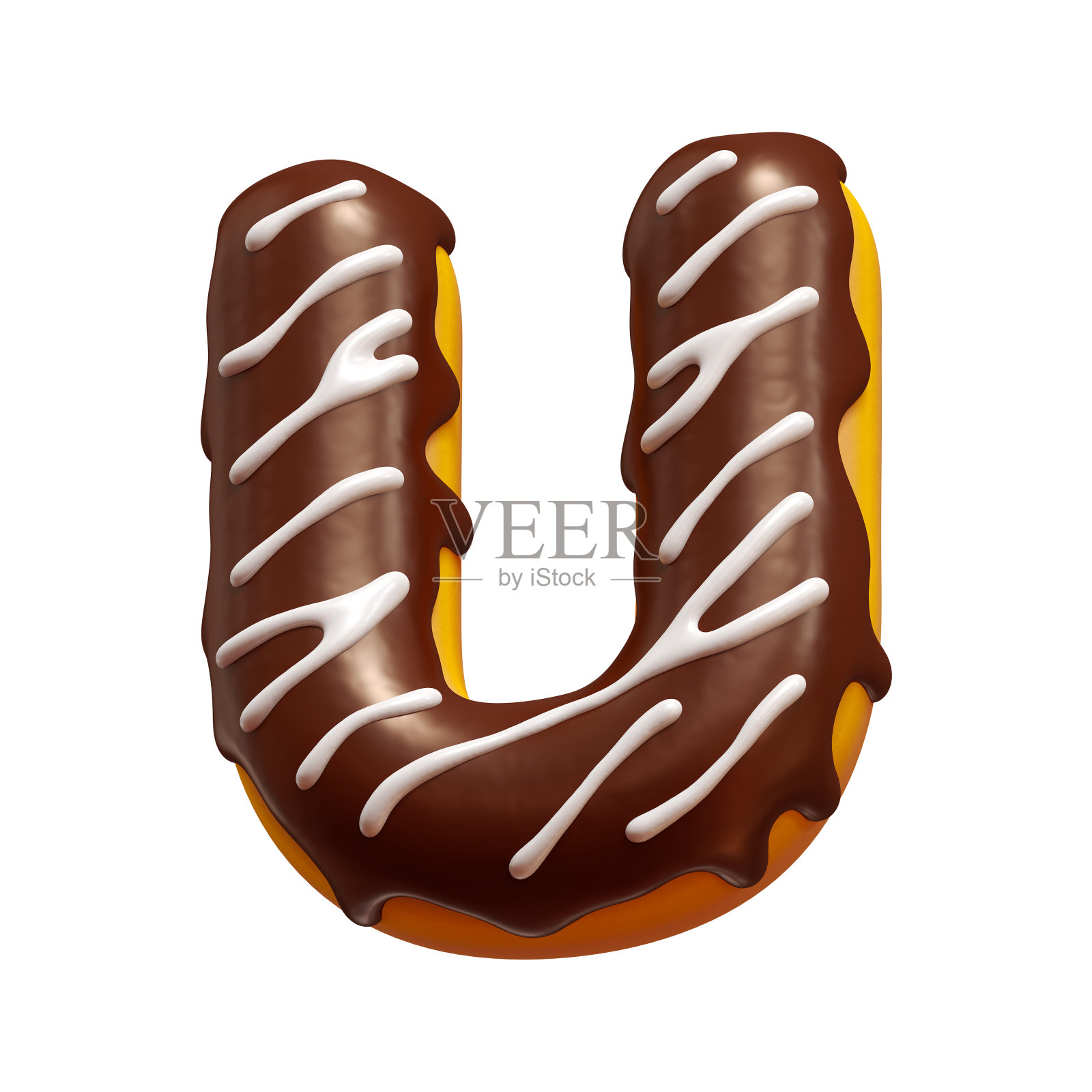 字母由光滑的巧克力甜甜圈与白奶油孤立在白色背景。照片摄影图片