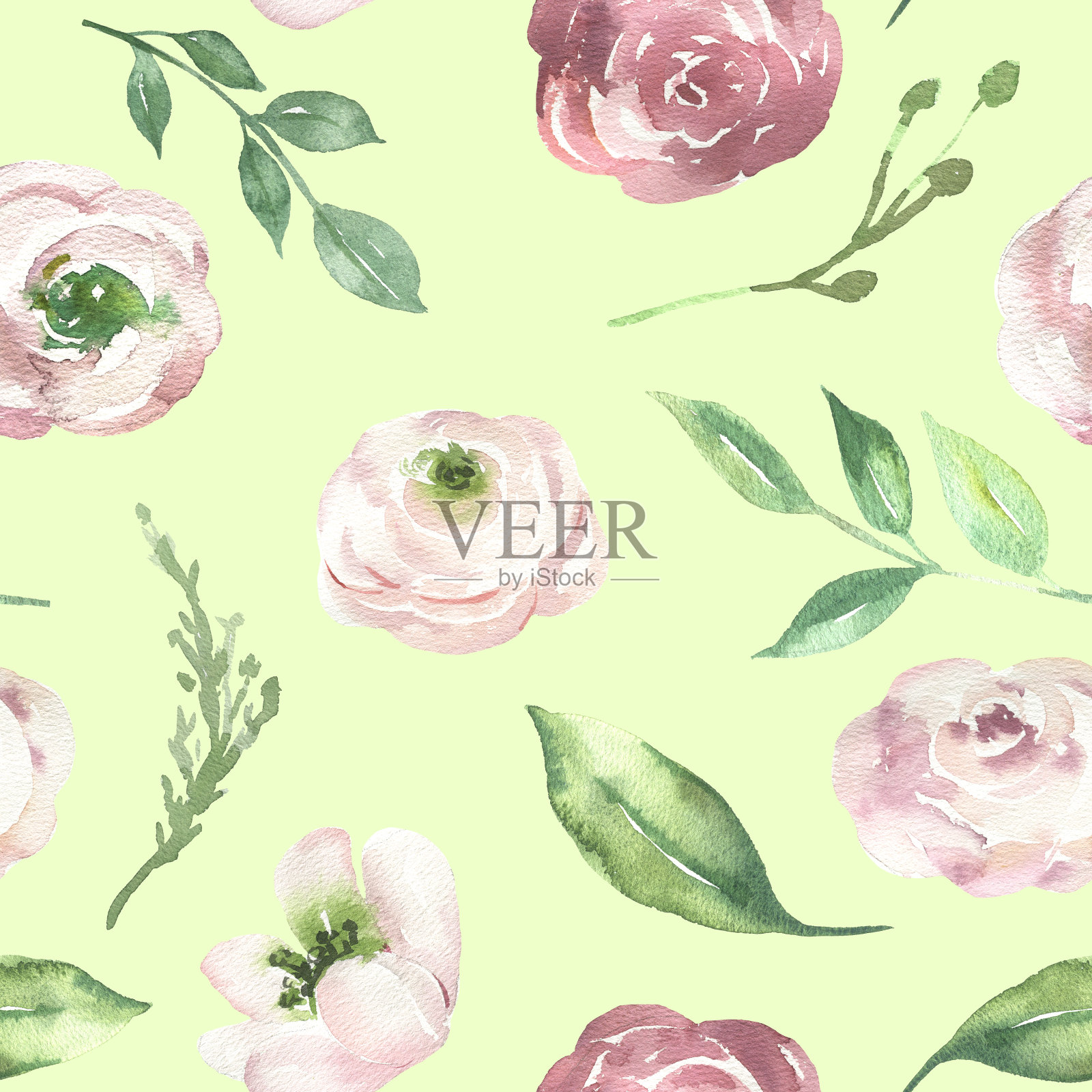 无缝图案用手绘水彩红色，粉色花朵。可爱设计为春季纺织品设计，剪贴簿纸，装饰品插画图片素材