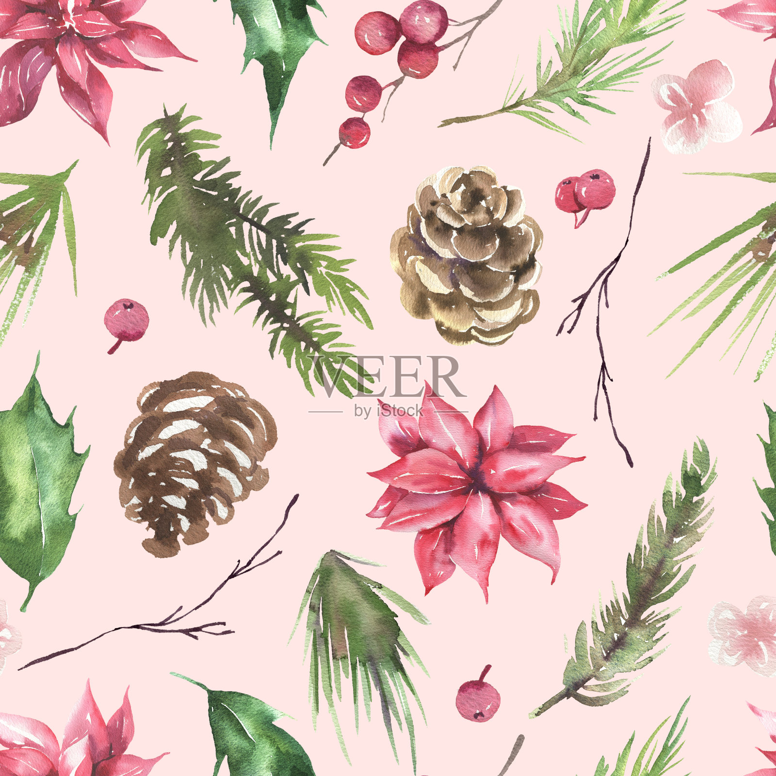 手绘水彩绿色松枝、松果、红色花朵无缝图案——圣诞冬季纺织品、剪贴簿纸、装饰可爱设计插画图片素材
