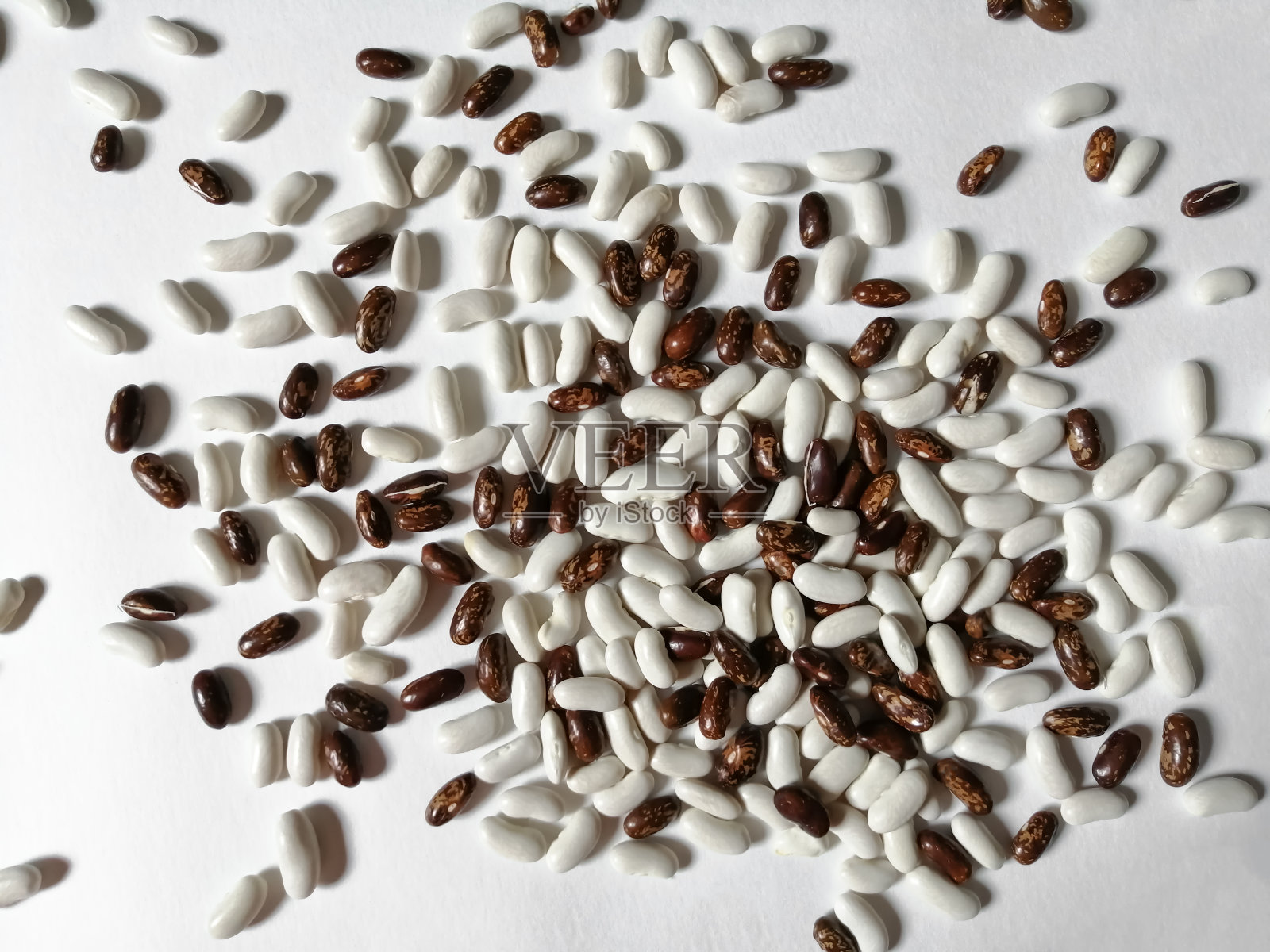 豆子撒在白色上，俯视图照片摄影图片