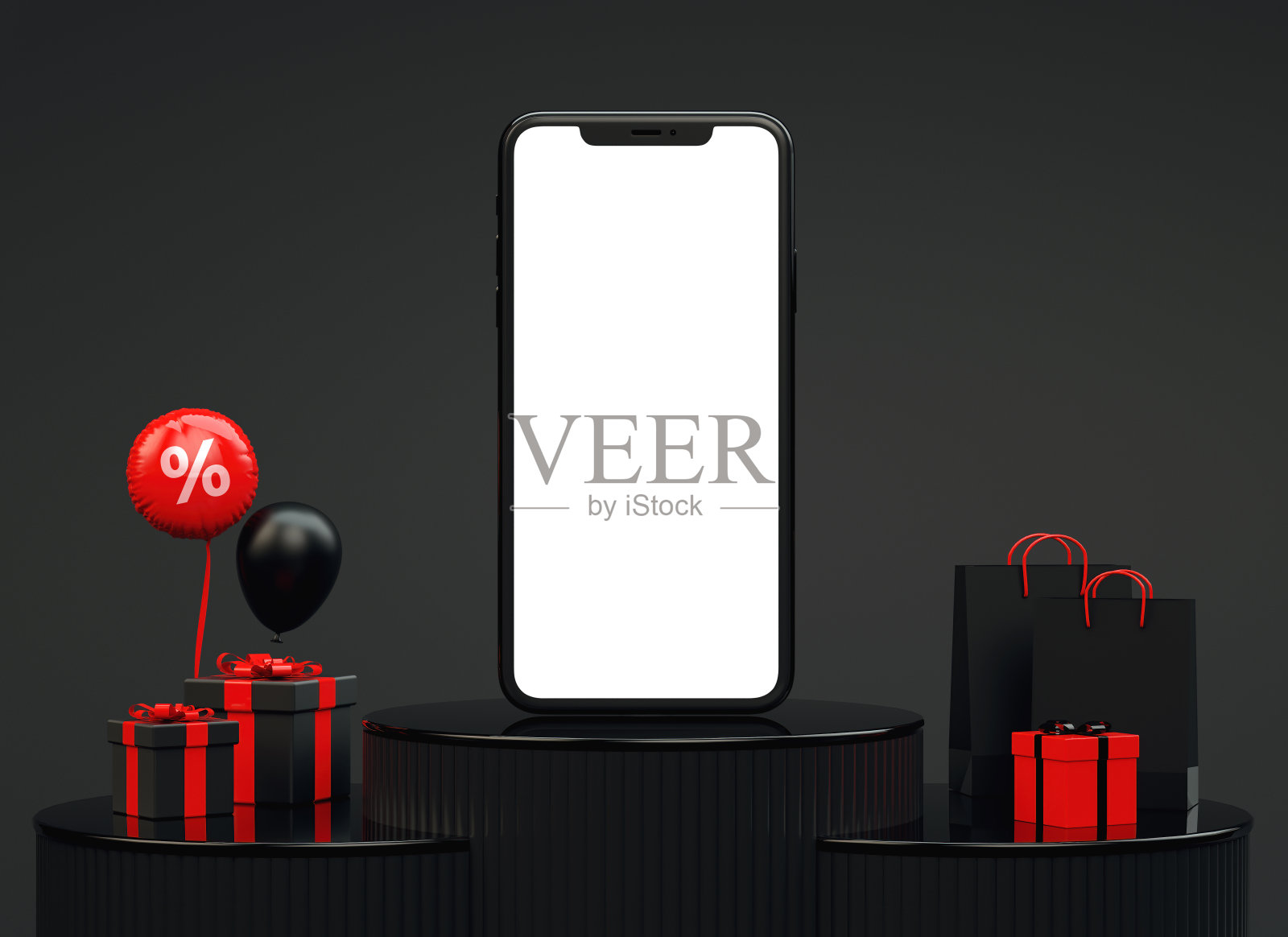 黑色星期五横幅背景与手机模型和红色的东西在黑暗的讲台平台在3D渲染。优雅的平台促销营销折扣和网上购物理念。照片摄影图片