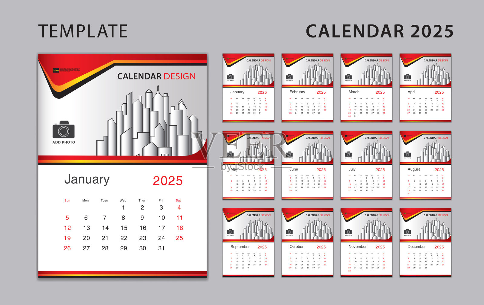 日历2025模板集，墙壁日历2025设计，桌面日历模板可以放置照片和公司标志，周开始于周日，集12个月，海报，策划者，节日事件，向量设计模板素材