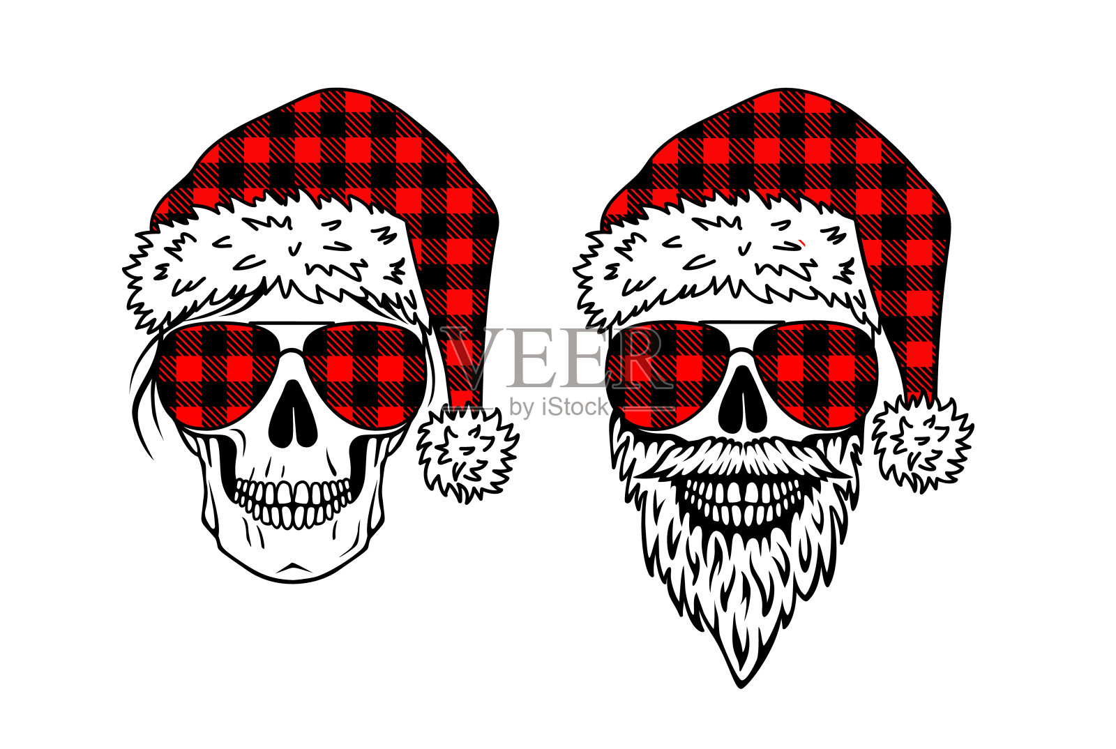 时髦的圣诞设计，圣诞老人的帽子和飞行员的眼镜上有男女头骨。矢量插图。插画图片素材