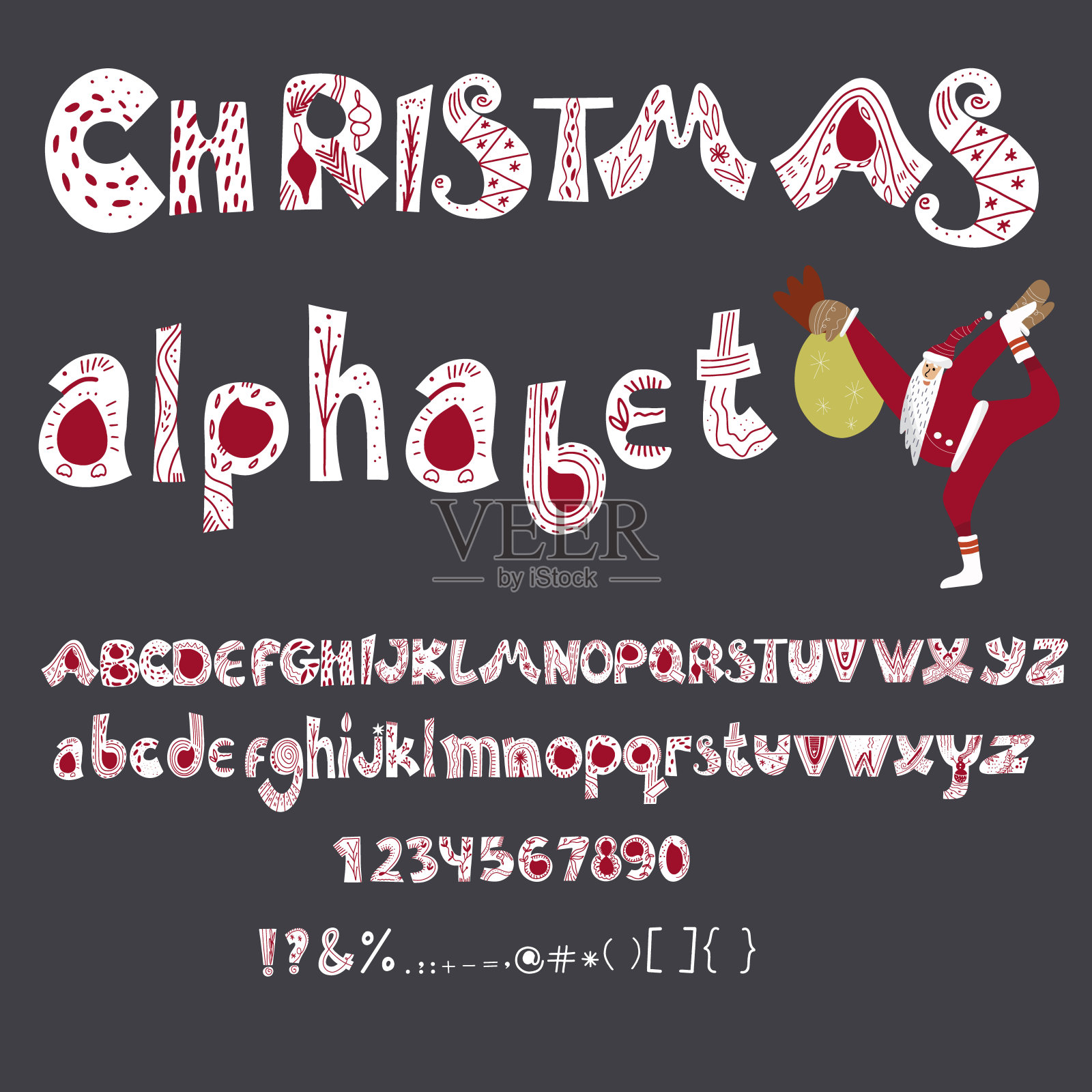 圣诞手画字母，手画字母，新年元素，数字和符号的大小写，运动的圣诞老人。插画图片素材