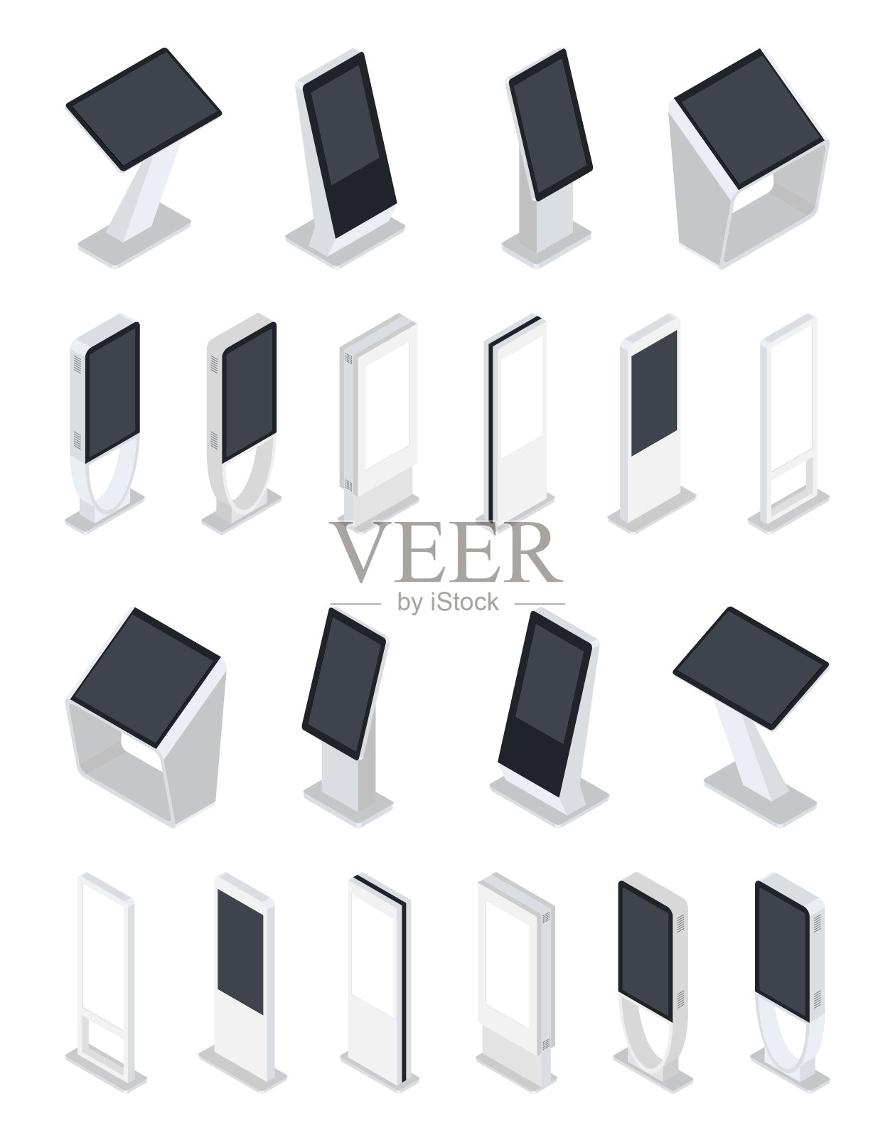一套等距互动资讯亭，广告展示，终端站插画图片素材